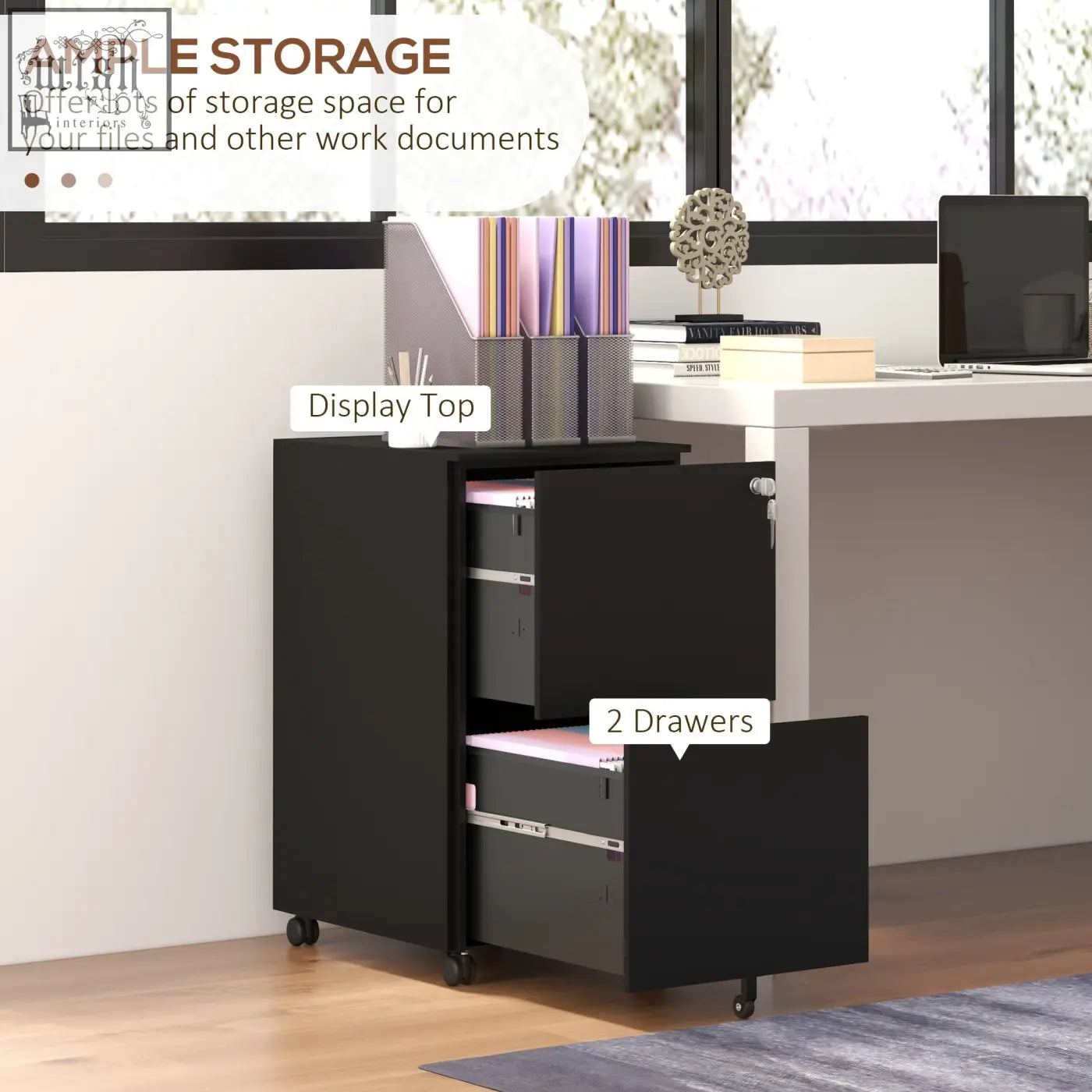 Black metal filing cabinet with two drawers, two keys included, casters, and display top for office supplies organization