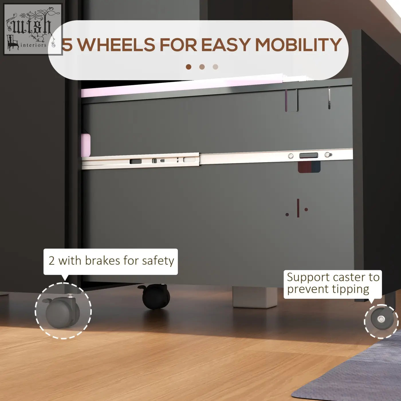 Vinsetto black steel filing cabinet with two drawers, two keys included, and five wheels for easy mobility and stability