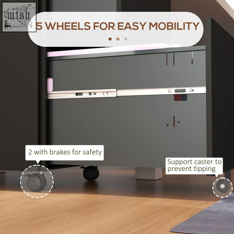 Vinsetto black steel filing cabinet with two drawers, two keys included, and five wheels for easy mobility and stability