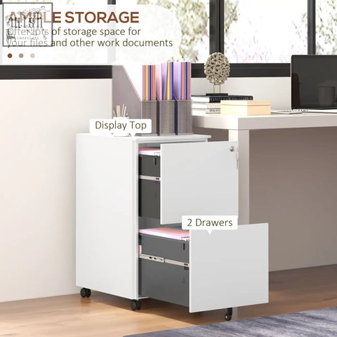 White steel vinsetto filing cabinet with two drawers two keys included and black casters for easy mobility