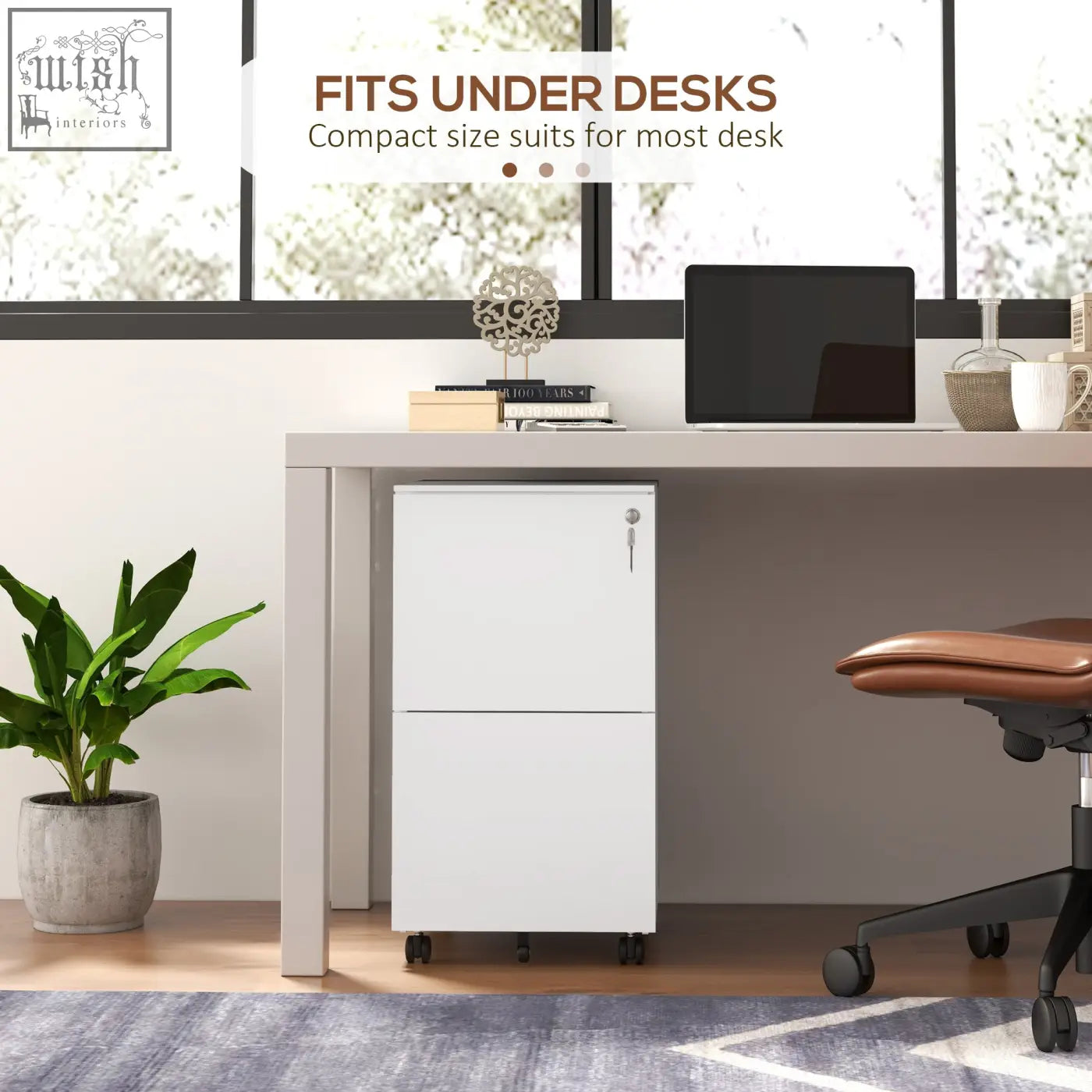 White steel two-drawer filing cabinet with lock two keys included and black casters for mobile use