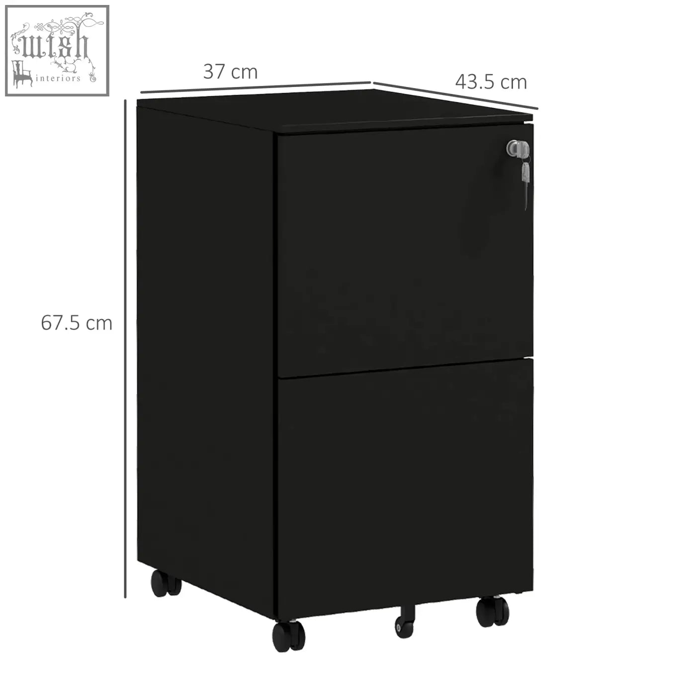 Black steel filing cabinet with two drawers, two keys included, lock, and casters for mobile use, vinsetto brand