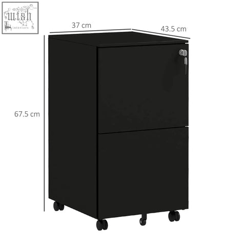 Black steel filing cabinet with two drawers, two keys included, lock, and casters for mobile use, vinsetto brand