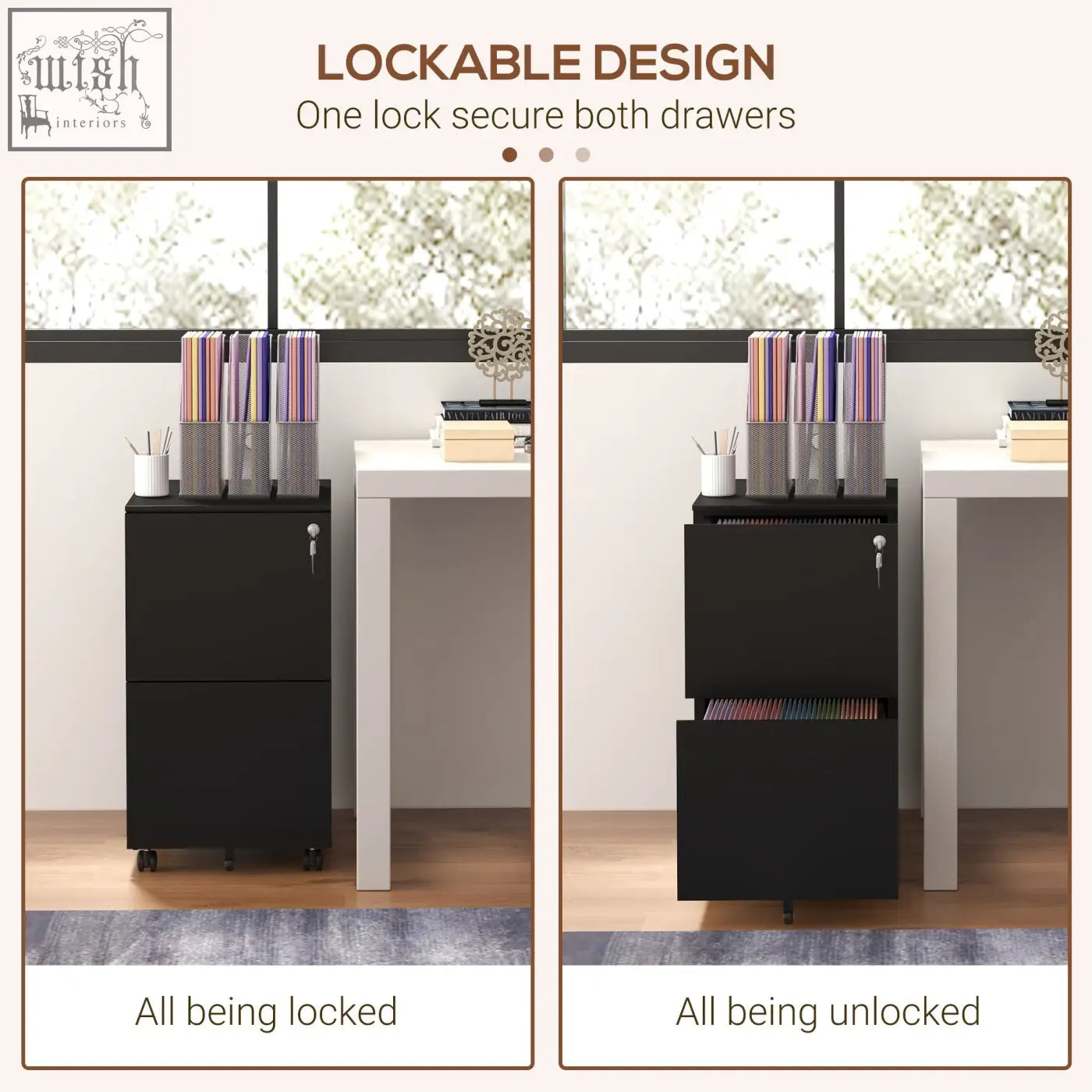 Black steel filing cabinet with two drawers, lockable design, two keys included, and 5 caster wheels for easy mobility