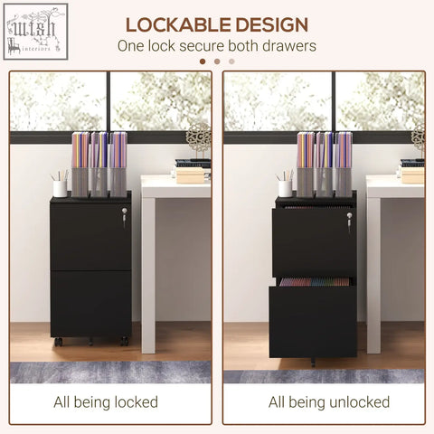 Black steel filing cabinet with two drawers, lockable design, two keys included, and 5 caster wheels for easy mobility