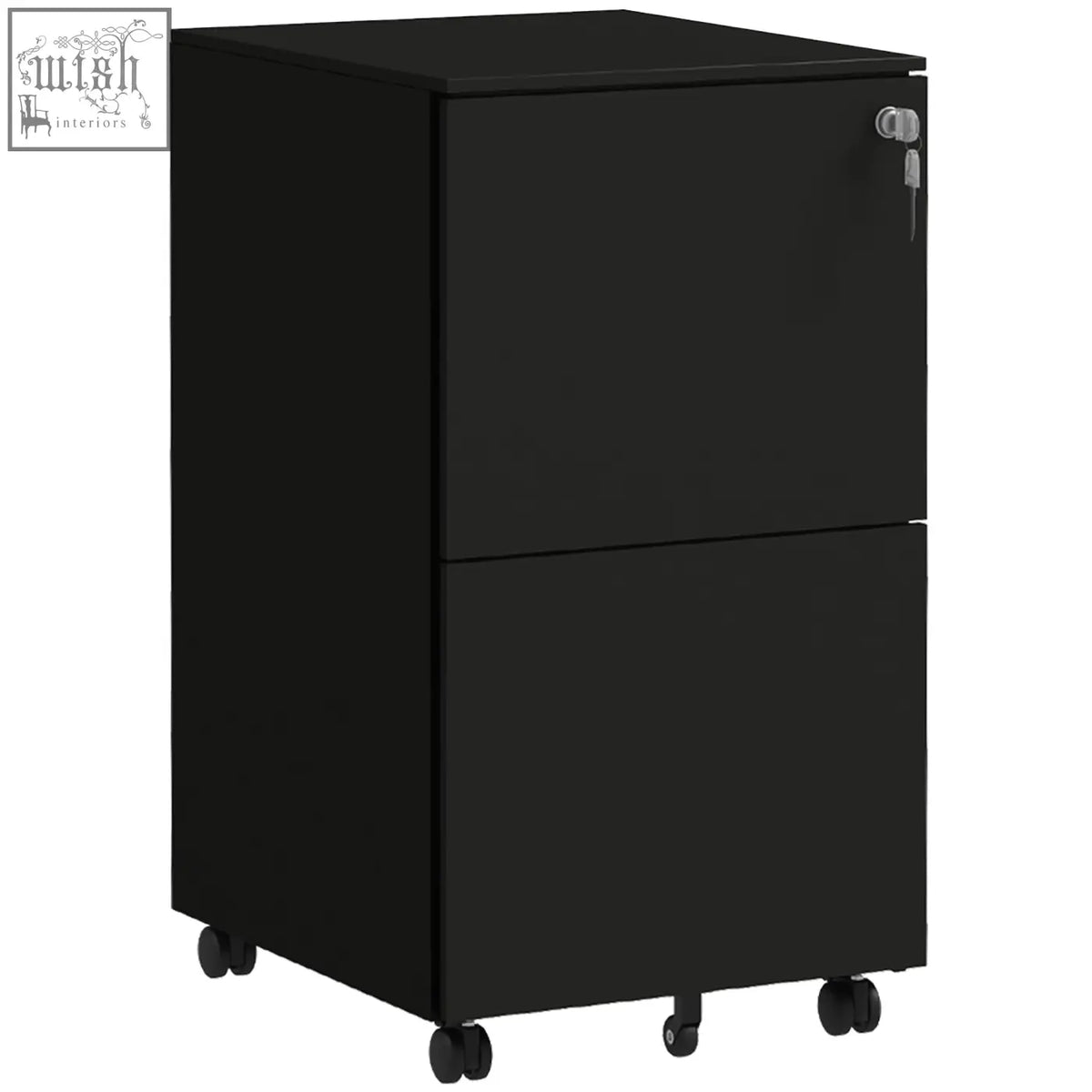 Black steel filing cabinet with two drawers two keys included and casters for a4 legal and letter size documents