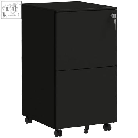 Black steel filing cabinet with two drawers two keys included and casters for a4 legal and letter size documents