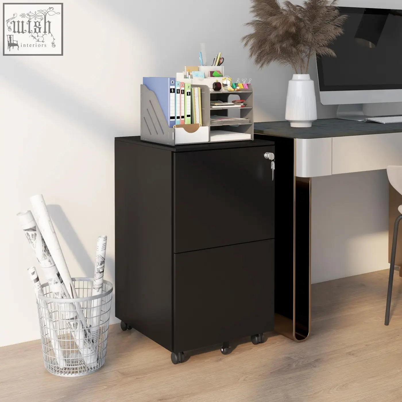 Black steel two-drawer mobile filing cabinet with two keys included and casters for a4 legal and letter size documents