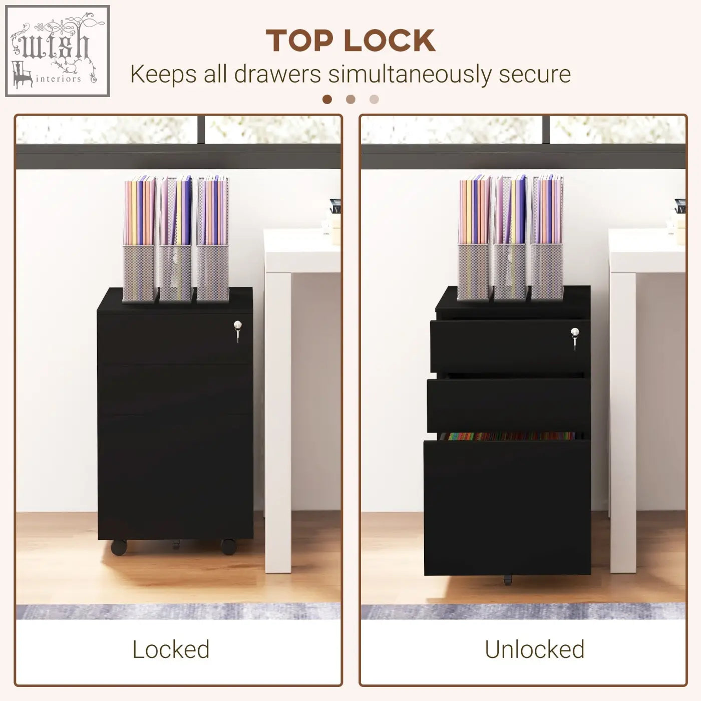 Black Vinsetto 3-drawer steel filing cabinet with pencil tray lock and wheels for a4 legal letter sizes