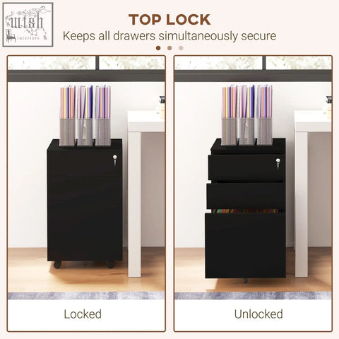 Black Vinsetto 3-drawer steel filing cabinet with pencil tray lock and wheels for a4 legal letter sizes