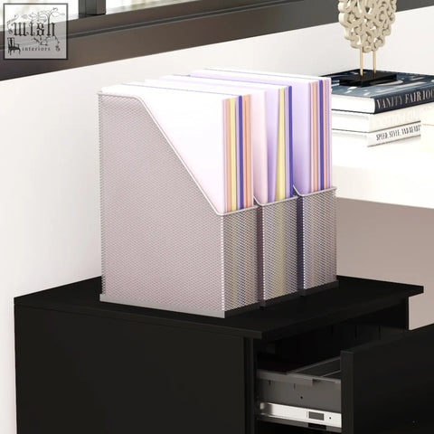 Vinsetto black steel filing cabinet with pencil tray and two small drawers holding colorful folders in silver mesh organizer
