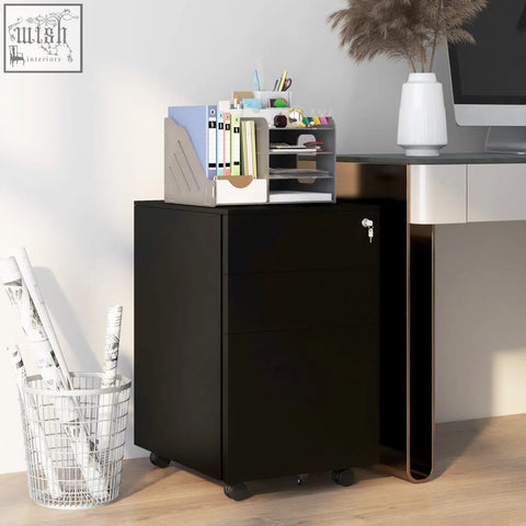 Black steel two-drawer mobile filing cabinet with pencil tray casters and keyhole for secure storage