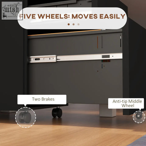 Dark gray steel filing cabinet with pencil tray two small drawers and five wheels for easy mobility