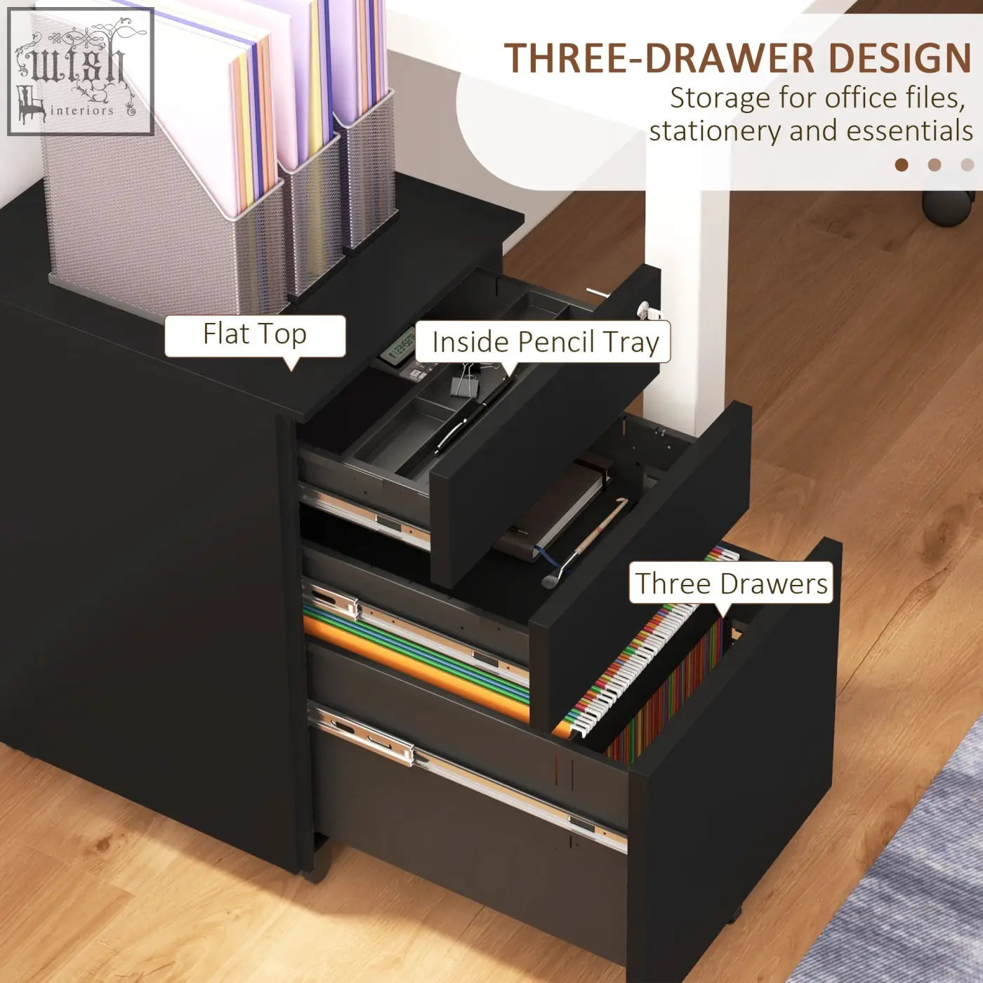 Black vinsetto filing cabinet with pencil tray two small drawers lock steel mobile file cabinet on wheels