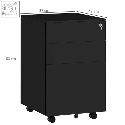 Black steel 3-drawer filing cabinet with pencil tray, two small drawers, lock, and wheels for easy mobility