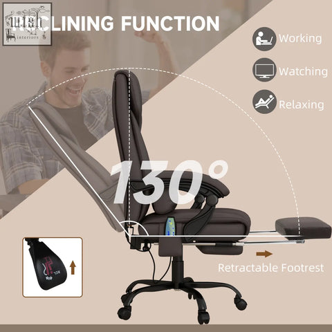 Brown vinsetto 6-point massage office chair in black leather with 130-degree recline height adjustable and manual footrest for home office
