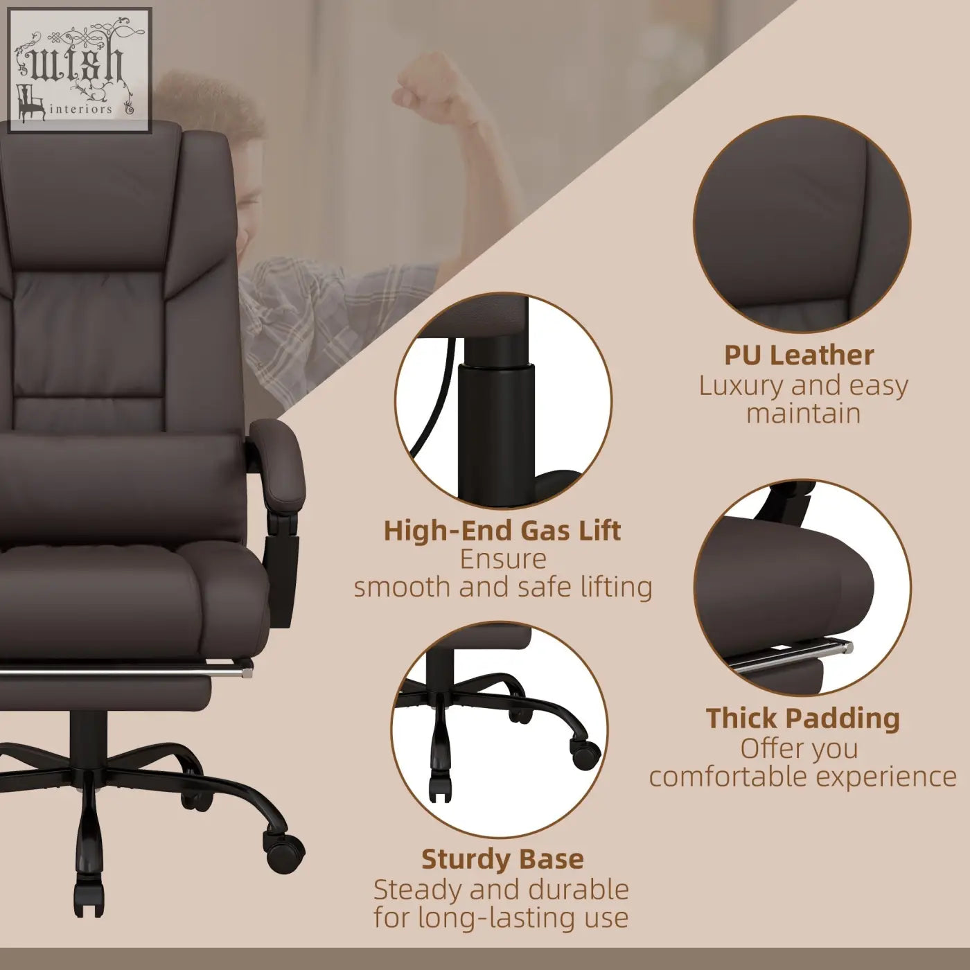 Brown pu leather vinsetto office chair with height adjustable gas lift and manual footrest for home office setup