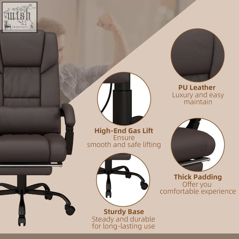 Brown pu leather vinsetto office chair with height adjustable gas lift and manual footrest for home office setup