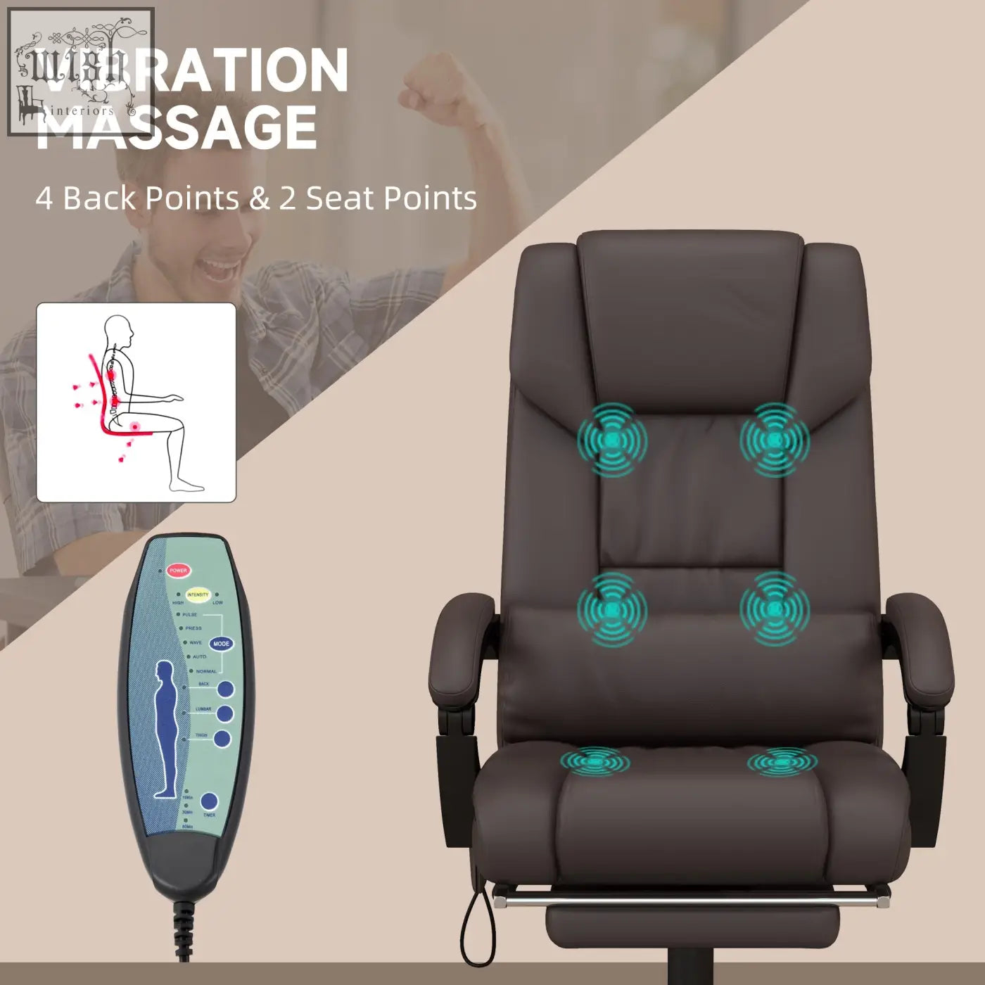 Dark brown vinsetto home office leather chair with 6-point vibration massage height adjustable manual footrest