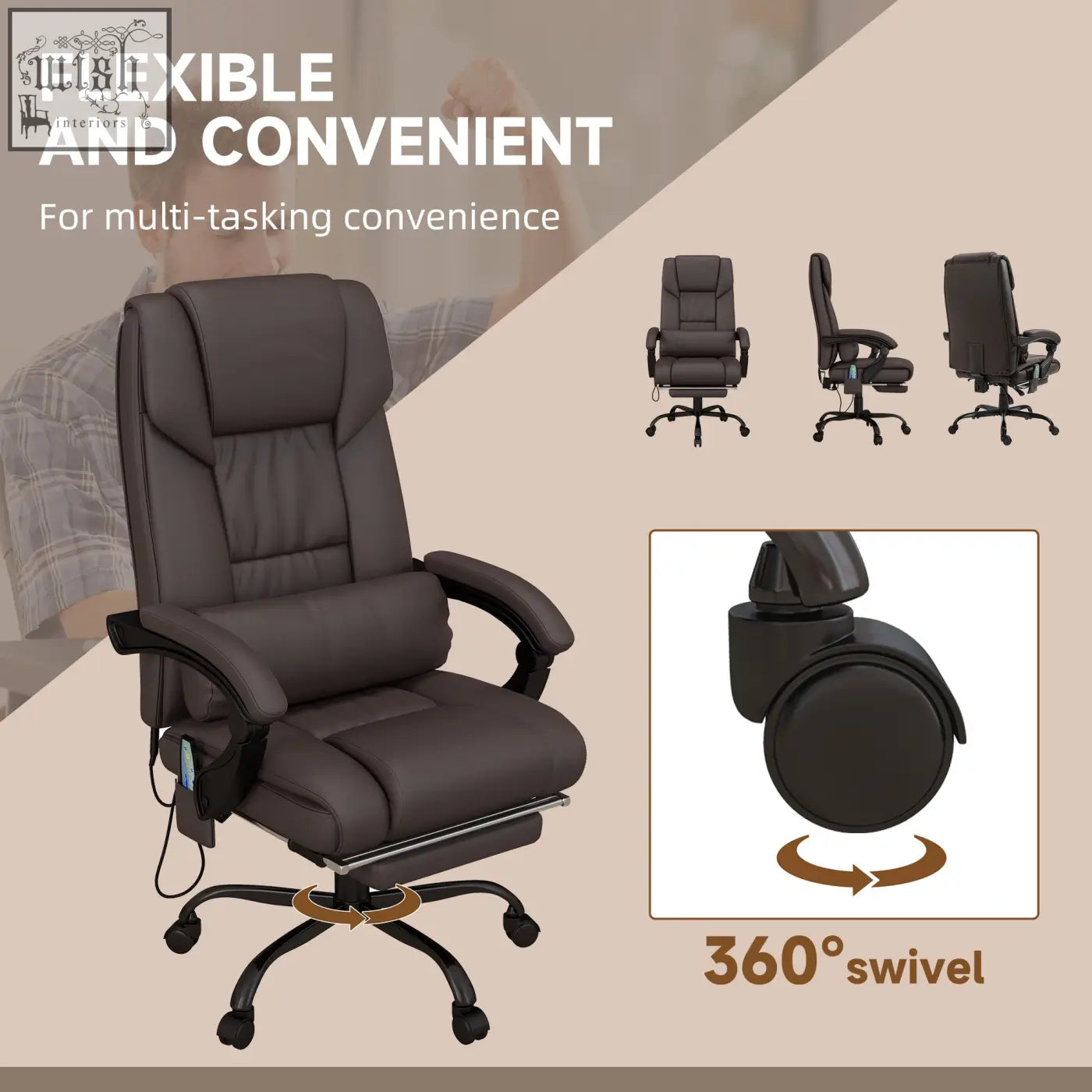 Dark brown vinsetto leather office chair with height adjustable manual footrest and swivel casters for home office