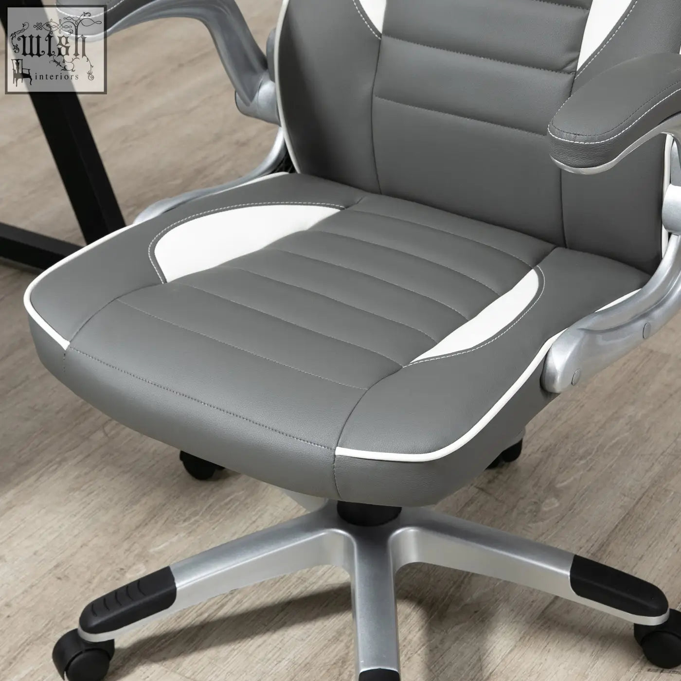 Gray and white vinsetto office chair with five wheels faux leather upholstery and stitched padded design
