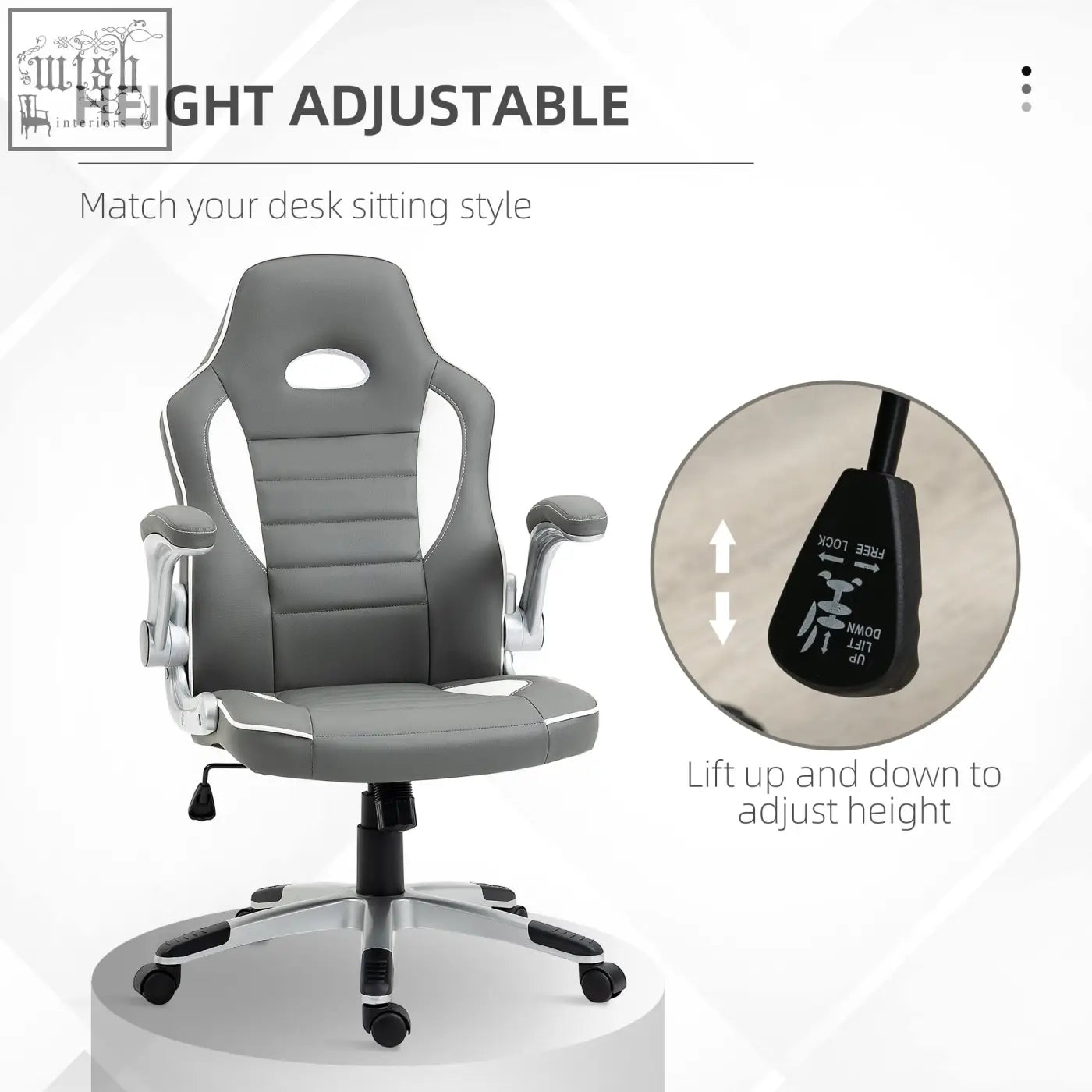 Vinsetto gray and white office chair with adjustable height, five wheels, and faux leather upholstery for gaming and desk use