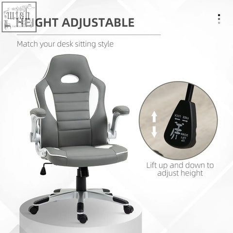 Vinsetto gray and white office chair with adjustable height, five wheels, and faux leather upholstery for gaming and desk use
