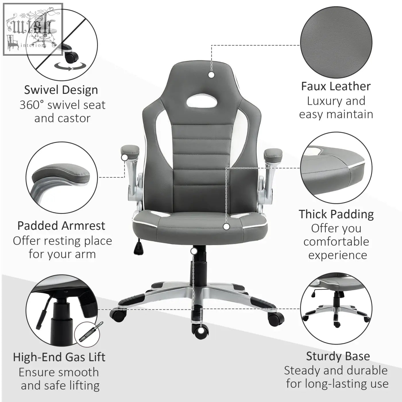 Gray and white vinsetto office chair with faux leather upholstery padded armrests adjustable height and five wheels