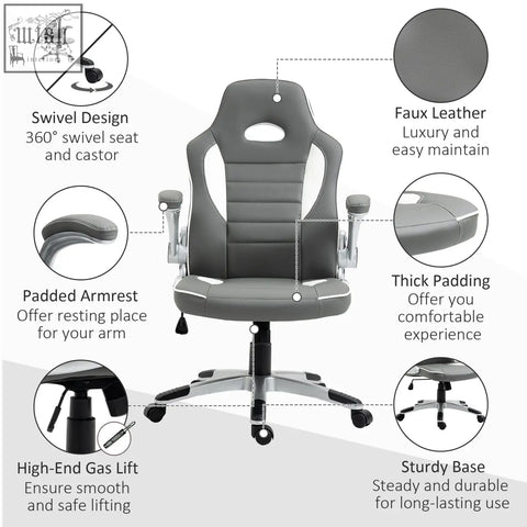 Gray and white vinsetto office chair with faux leather upholstery padded armrests adjustable height and five wheels