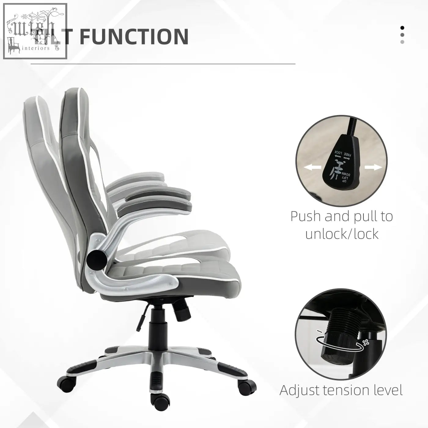 Vinsetto gray and black office chair with adjustable tilt, five wheels, and faux leather upholstery for gaming and desk use