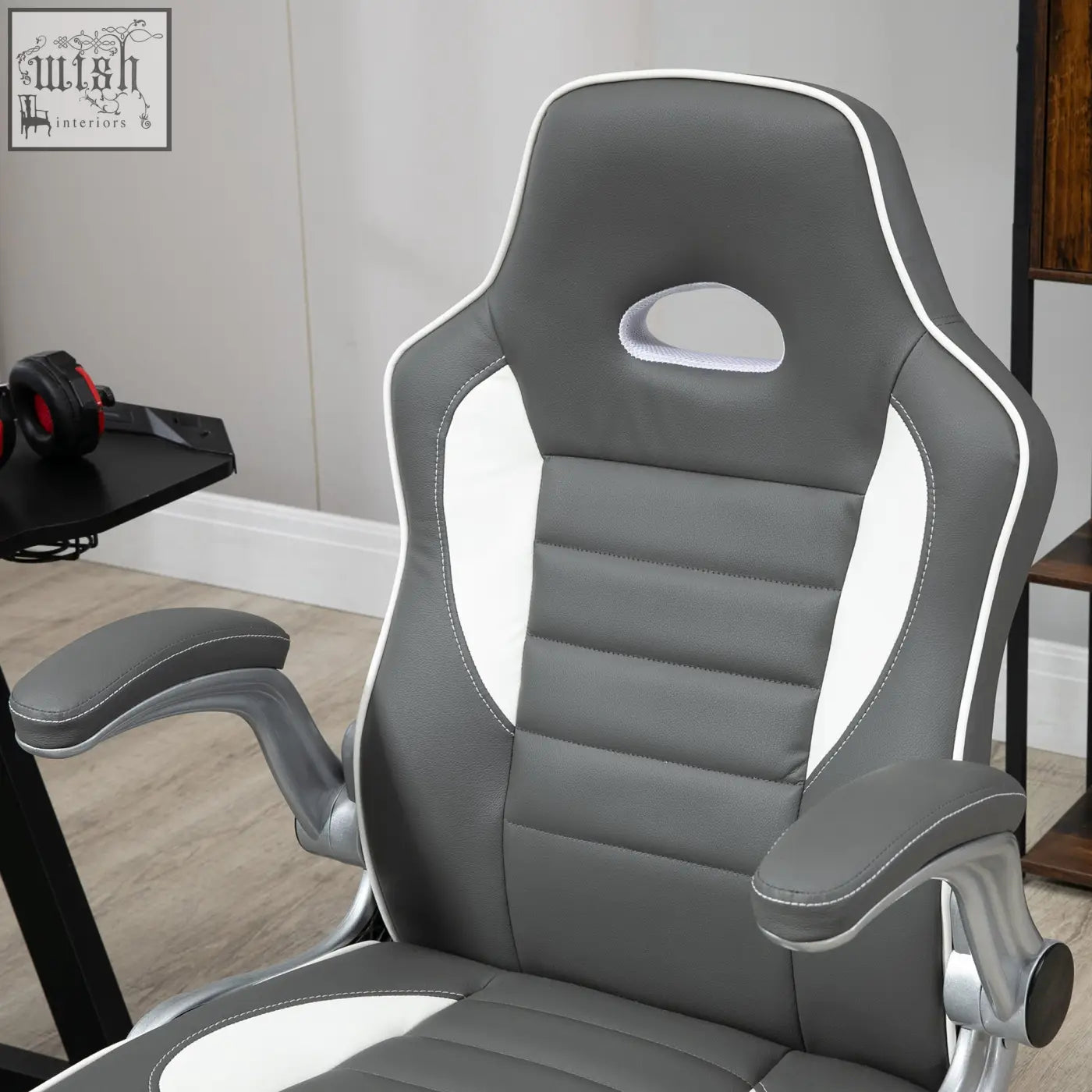 Vinsetto gray and white office chair with five wheels faux leather upholstery sporty design and flip-up armrests