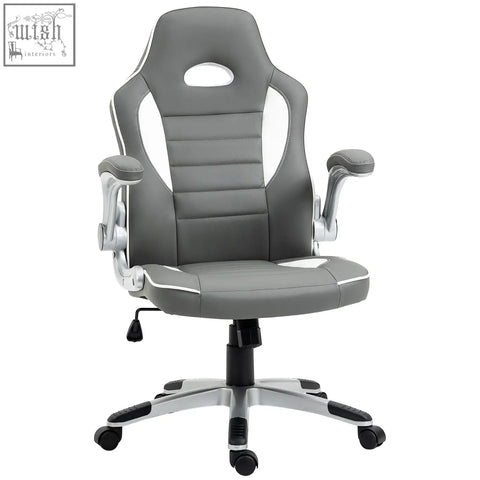 Vinsetto gray and white office chair with faux leather upholstery, silver armrests, adjustable height, and five wheels