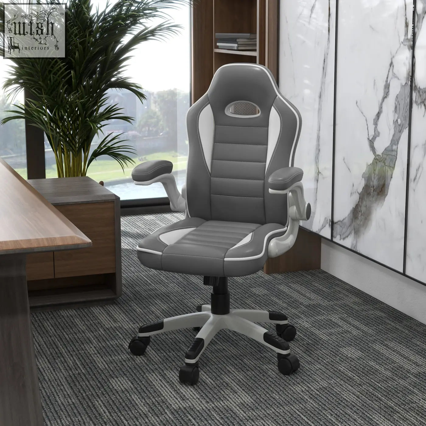 Vinsetto grey office chair with faux leather upholstery, padded seat, adjustable height, flip-up armrests, and five wheels