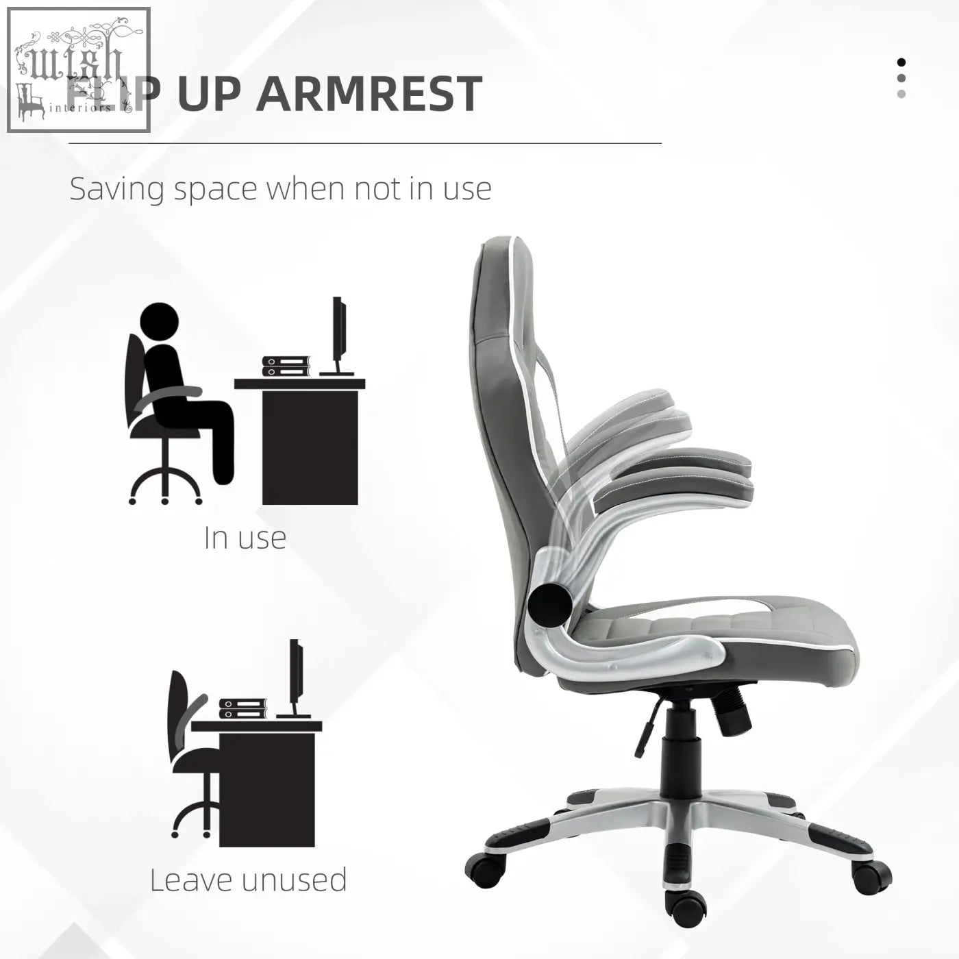 Vinsetto gray and white office chair with flip-up armrests five wheels and faux leather upholstery for gaming and desk use