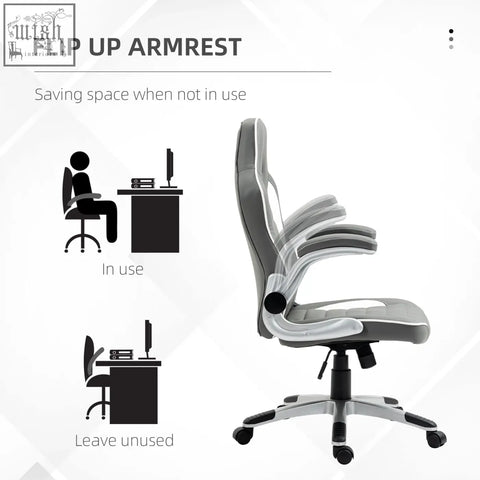 Vinsetto gray and white office chair with flip-up armrests five wheels and faux leather upholstery for gaming and desk use