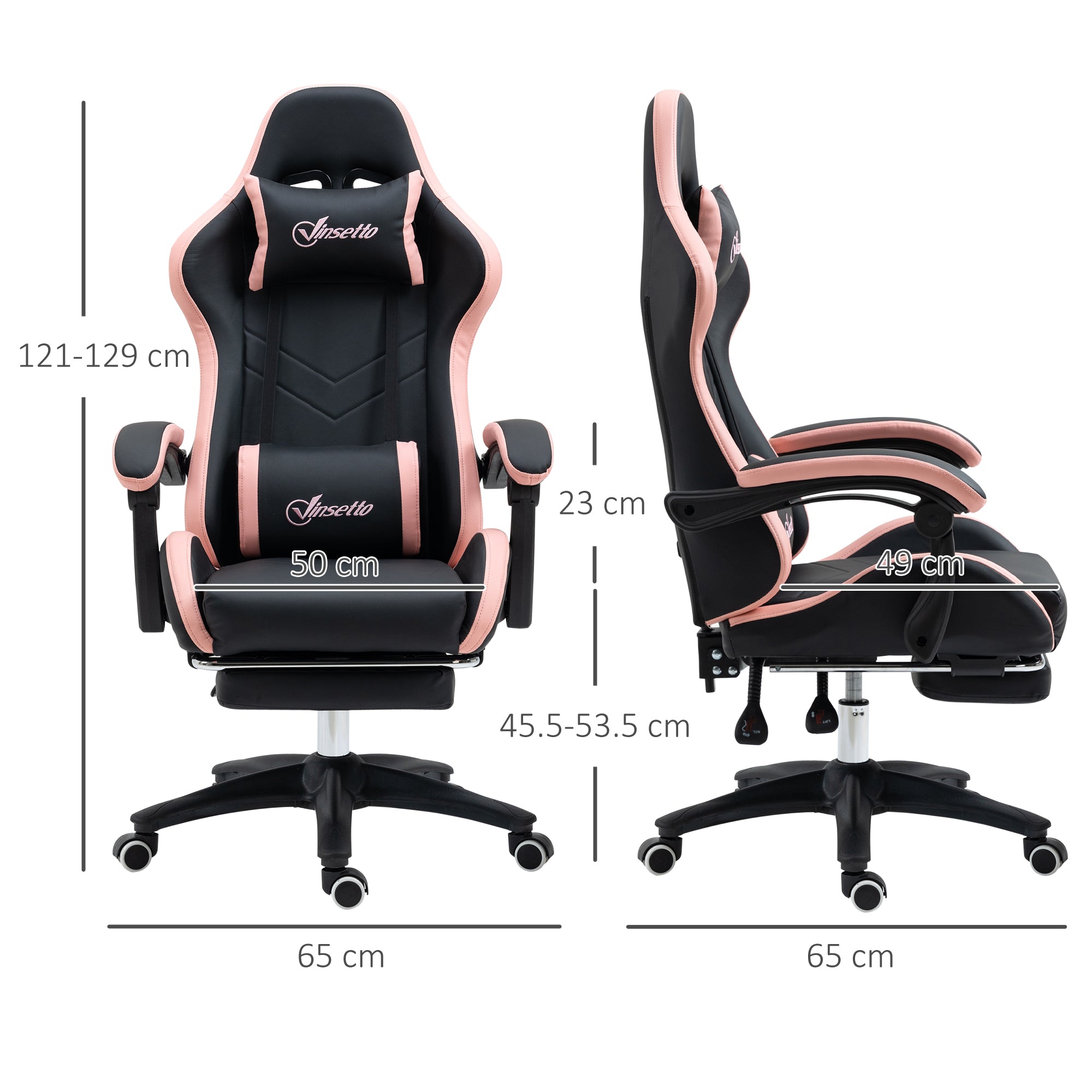Black and pink vinsetto gaming chair with faux leather upholstery, lumbar pillow included, footrest, and 135 degree recline
