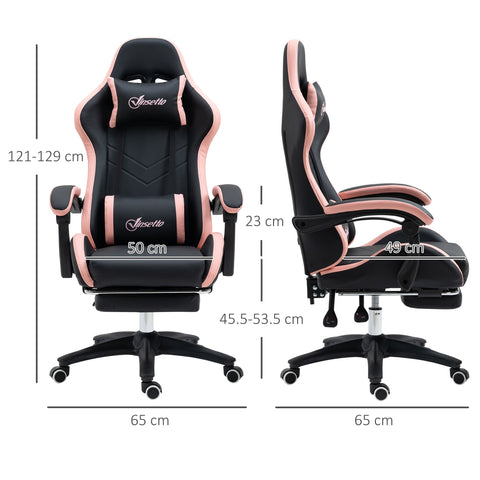 Black and pink vinsetto gaming chair with faux leather upholstery, lumbar pillow included, footrest, and 135 degree recline