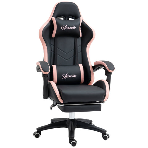 Vinsetto black and pink gaming chair with faux leather upholstery, stitched detailing, lumbar pillow included, and footrest