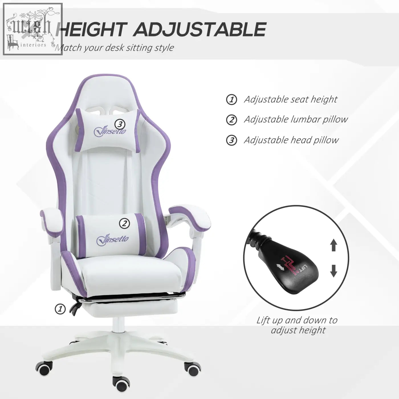 Vinsetto white and purple gaming chair with faux leather upholstery, adjustable height, lumbar pillow included, and footrest