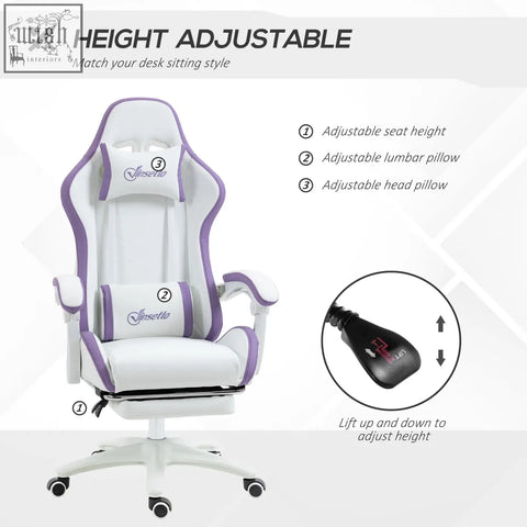 Vinsetto white and purple gaming chair with faux leather upholstery, adjustable height, lumbar pillow included, and footrest