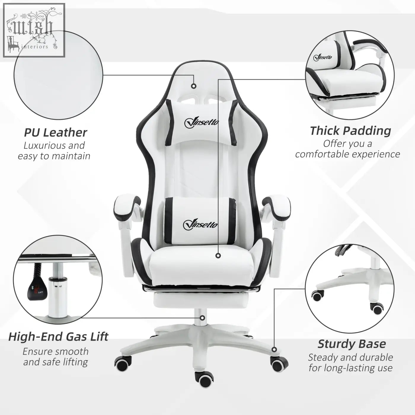 White and black vinsetto gaming chair with faux leather upholstery thick padding lumbar pillow included and sturdy base