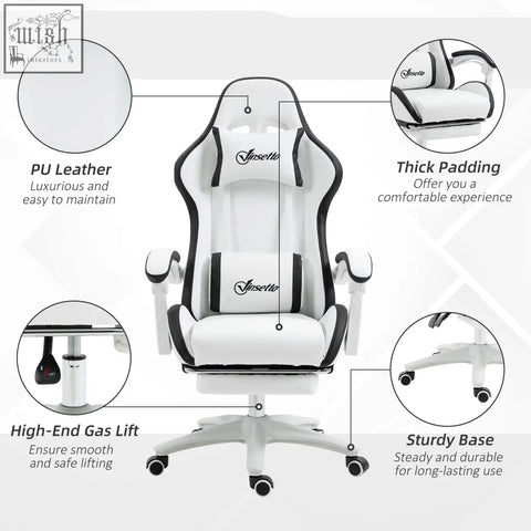 White and black vinsetto gaming chair with faux leather upholstery thick padding lumbar pillow included and sturdy base