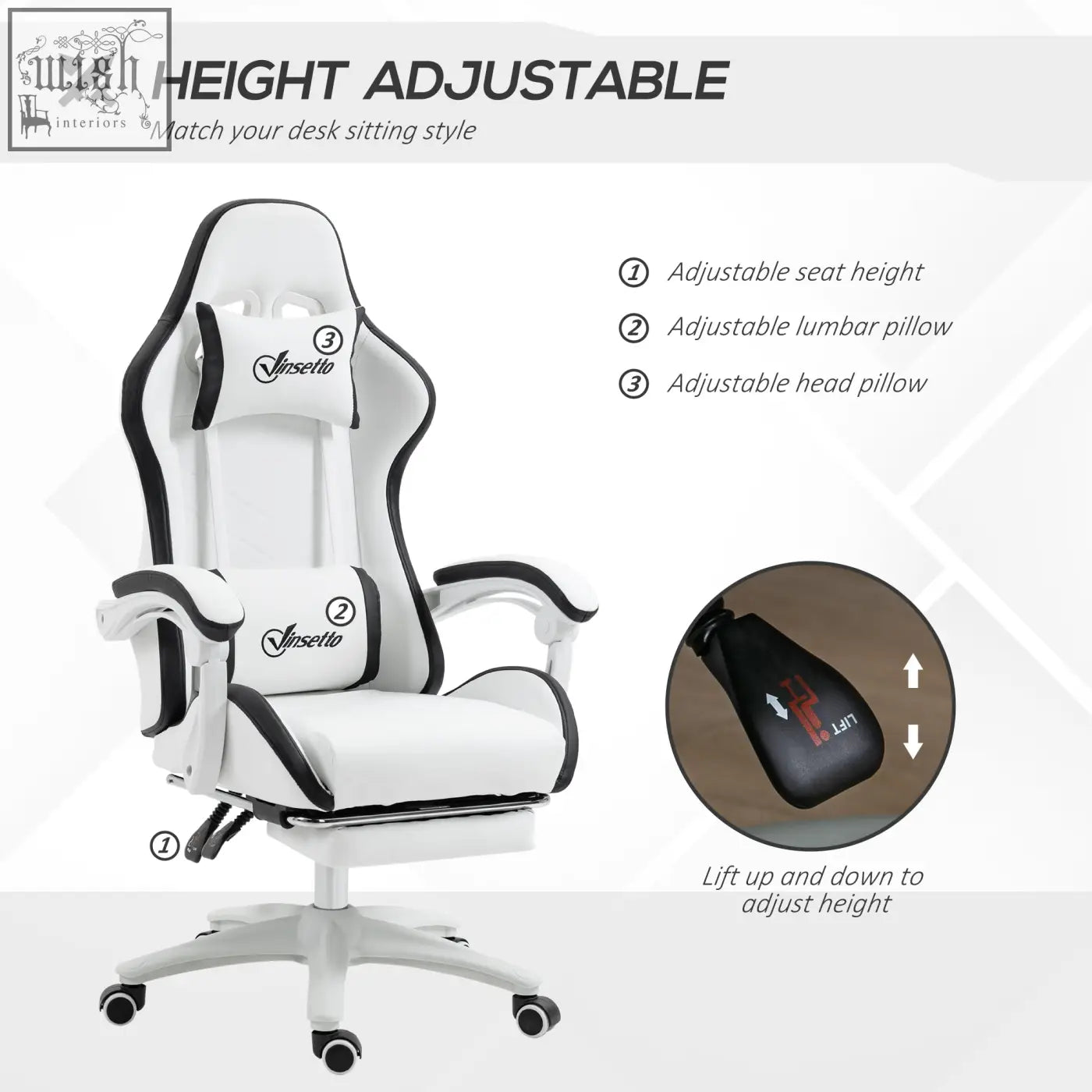 White and black vinsetto gaming chair with faux leather upholstery lumbar pillow included and adjustable footrest