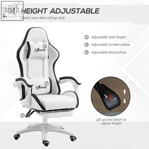 White and black vinsetto gaming chair with faux leather upholstery lumbar pillow included and adjustable footrest