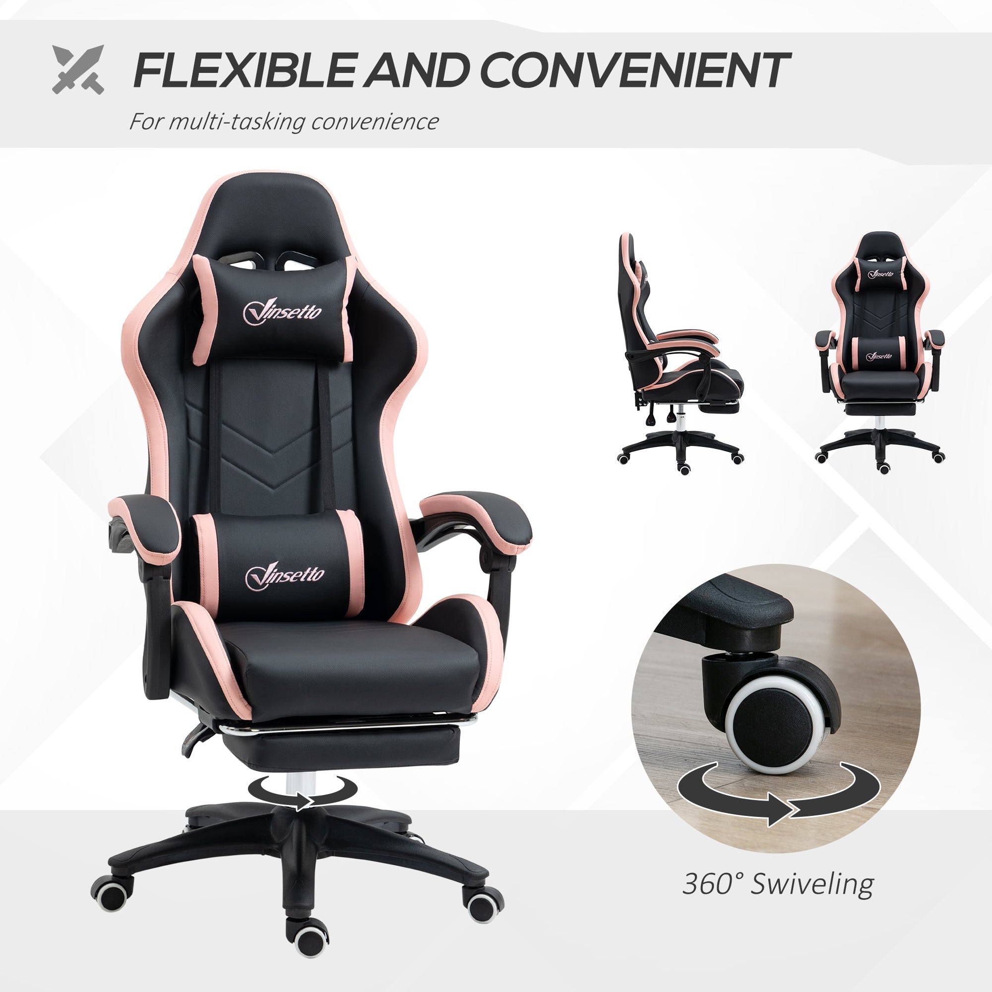 Black and pink vinsetto gaming chair with faux leather upholstery, ergonomic design, lumbar pillow included, and footrest