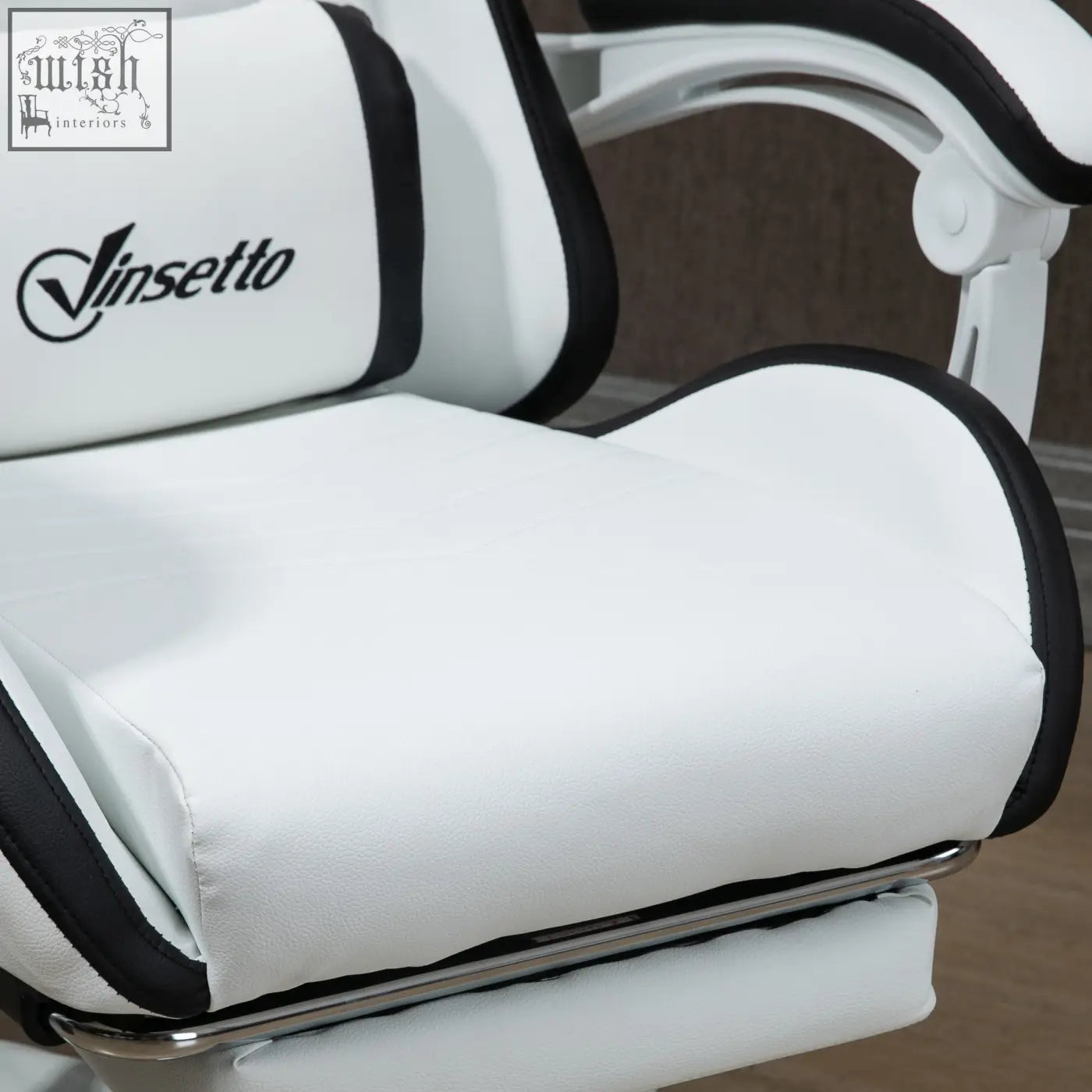 White and black vinsetto gaming chair with padded faux leather upholstery and lumbar pillow included for adults
