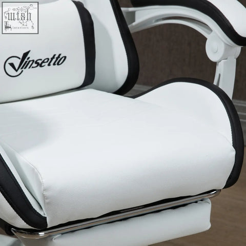 White and black vinsetto gaming chair with padded faux leather upholstery and lumbar pillow included for adults