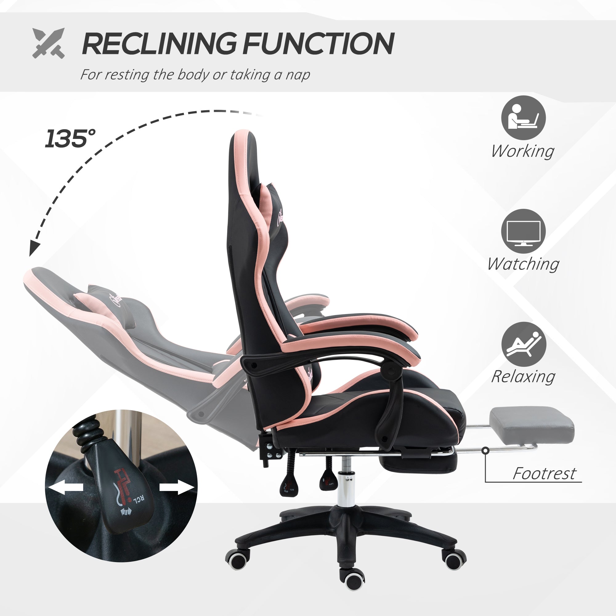Vinsetto black and pink gaming chair with faux leather upholstery reclining function and lumbar pillow included