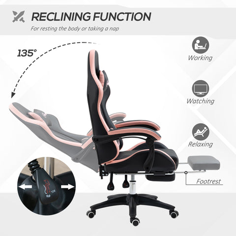 Vinsetto black and pink gaming chair with faux leather upholstery reclining function and lumbar pillow included