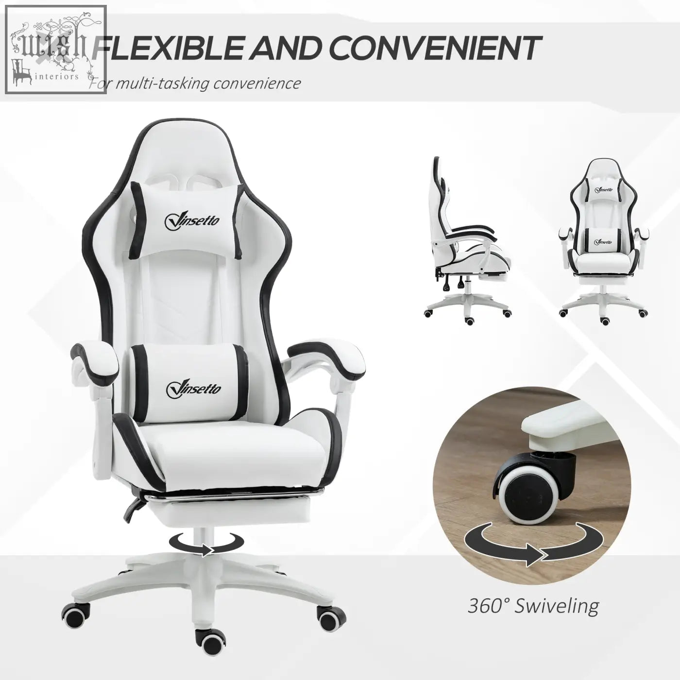 White and black vinsetto gaming chair with faux leather upholstery lumbar pillow included and ergonomic footrest design